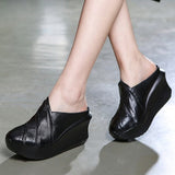 2021 Genuine Leather Women Slippers 8 CM High Heels Wedges Summer Shoes Platform Retro Handmade Women Leather