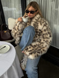Fongt 2025 Autumn And Winter New Temperament Fashion Leopard-Print Collar Imitation Fur Coat