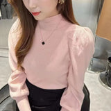 Korean Version Semi-High Round Collar Design Bubble Sleeve Knitted Sweater Autumn And Winter New Foreign Style Pullover Women's Dress-Outfit