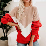 Fongt 2023 Ladies Splice Color Long Sleeved Round Neck Top Sweater Knit