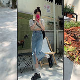 Waist Skirts Women Retros Denim Sexy Split Solid Summer Mid-calf Faldas All-match A-line Fashion Preppy Korean Style