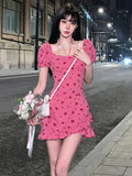 Sleeve Elegant kawaii Dress Women chiffon Print Retro Sweet Mini Dress Female Backless Korean Fashion Sexy cute Dress