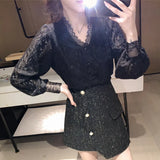 4XL New Lace Blouse Women Korean Hollow Out V Neck Long Sleeve Shirt Ladies Spring Crochet Lace Solid Tops Blusa