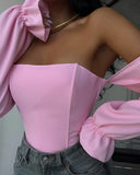 Fongt Sexy Hottie Body Fish Bone Bra Splicing Bubble Sleeve Niche Design Long-Sleeved Corset