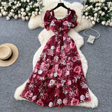 Fongt Famous Breeze Mashed Flowers Bubble Sleeves With Dress Women Summer Waist Repair Royal Sister Temperament Beautiful Long Dress