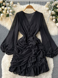 Women Chiffon Derss Spring Autumn Sexy V Neck Ruffles Bodycon Dresses Ladies Slim Pleated Beach Party Dress
