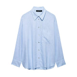 Fongt Spring New Women's Pocket Flax Simple Long Sleeve Clip Shirt 8372058