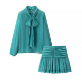 Fongt Women's Two-Piece Summer Thin Bow Tie With Long-Sleeved Cover Loose Shirt Folded Mini Dress