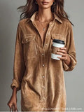 Fongt Women's Elegant Workwear Style Pocket Button Velvet Shirt Dress Dress