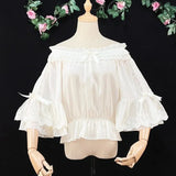 Lolita Chiffon Blouses Women Cute Bow Ruffles Three Quarter Flare Sleeve Undershirt Girl Kawai Off Shoulder Shirt Crop Top-Outfit