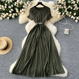 Fongt Summer Senior Round-Neck Short-Sleeved Dress, Tie, Waist Splicing, Elegant Large Hem Length