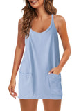 Fongt Summer Solid Sleeveless Dress Fine Shoulder Strap Vest Skirt Sports Skirt Pocket