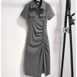 Drawstring Polo Dresses Women's Casual Slim Long/Short Sleeve Spring Summer Bodycon Dresses Design Pleated Korean