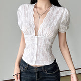 Fongt And Summer Basic Solid Color Dark V Buckle T-Shirt Top Bow Texture Texture To Close The Waist Design Spice Girls Shirt Collection