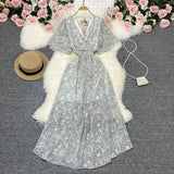 Fongt Wind Temperament Sweet Broken Flower V Collar Dress Beach Vacation Snow Spinning A Word Long Skirt-Outfit