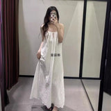 Fongt Summer New Women's Hollow Embroidery Fan Flute Dress Loose Leisure Bareback Sling Skirt