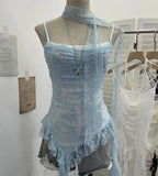Fongt Lace Splicing Irregular Lotus Leaf Edge Ribbon Sling Vest Round Neck Sexy Sleeveless Top 1218