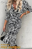 Zebra Stripes Lady Backless Dress Women V Neck Long Sleeve Slim Sexy Dress Spring Autumn Vintage Print Black White