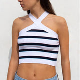 Fongt Summer New Striped Cross Hanging Neck Sexy Knitting Bottom Bra Wear Vest Women's Clothing