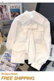 Summer Fashion Casual Loose Long Sleeve Single Breasted Shirt Spring Women's Pockets Turn-Down Collar Bow White Blouse