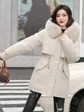 Hooded Jacket Woman Warm Fur Lining Cotton Padded Parka Female Drawstring Basic Coat Windproof Women Jacket