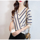 Striped Bottom Shirt Top 2025 Summer New Temperament V-Neck Five-Sleeve Ice Silk T-Shirt Knitted Shirt