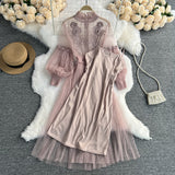 Fongt Korean Version Of The Lantern Sleeve Waist Show Thin Net Gauze Nail Bead Dress Three-Dimensional Flower Fairy Dress-Outfit