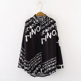 Arrival Letter Print Turn-down Collar Long Chiffon Blouse Button Up Casual Loose Chic Black Shirt Feminina Blusa