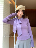 Fongt Xixi 2025 Autumn White Standard Korean Version Of Elegant Temperament Solid Color Tie With Thin Knitted Shirt Top Lady 89539