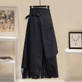 Ladies Elegant Two Piece Set 2022 Spring Long Sleeve Print Patchwork Blouse And Mesh Irregular Skirts