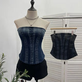 Fongt Denim Print Strap-On Corset Tsets Tsets Tsets Tsets Sleeveless Short Tops