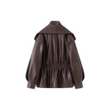 Fongt Summer New Fashion Temperament Fake Two Long Lantern Sleeve PU Leather Coat Woman