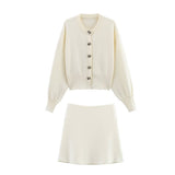 Fongt Women's Clothing 2025 Spring New Flower Button Decoration Knitted Shirt Skirt Set