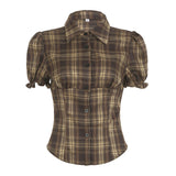Fongt College Style Retro Check-Colored Bubble Sleeves Slim Slim Collar Buckle Short-Sleeved Shirt T-Shirt