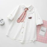 Cartoon Cat Embroidery Cotton White Shirt Turn-Down Collar Button Up Cute School Girls Blouse With Pink Tie Feminina