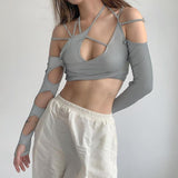 Fongt New Summer Women's Wear Solid Color Sling Hanging Neck Exposed Navel Exposed Back Sleeve Female