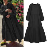 Holiday Pleated Dresses Casual Women Solid Dress Long Lantern Sleeve Maxi Dress Stylish Vestido VONDA Beach 2022 Long