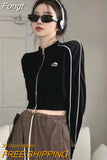 Korean Fashion Black Zipper Cropped Hoodies Women Gothic Grunge Graphic Print Sweatshirts Long Sleeve Sport Tops