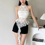 Fongt Summer New Women's Pure Desire Round Collar Hanging Neck Hollow Out Back Irregular Edge Small Vest-Outfit