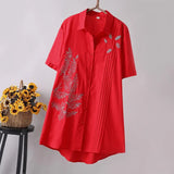 Arrival Women Leaf Embroidery Long Cotton White Blouse Summer Short Sleeve White Female Shirt Turn-Down Collar Top