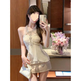 Fongt Women 2025 Summer New Sweet And Spicy Body Quality Hanging Neck Top + High Waist Slim Half Skirt Two-Piece