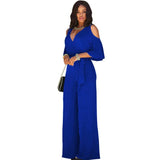 Spring Summer Women Jumpsuit Sexy Hollow Off Shoulder Romper V Neck Half Sleeve Solid High Waisted Belt Wide Leg