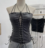 Fongt Babes Hollow Strapped Braped Pu Skin Top Female Tight Sexy Short Hanging Neck Vest 2765