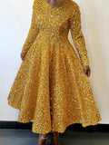 Fongt New Women's Round-Necked Long-Sleeved Solid-Colored Bright-Waisted High-Rise Dress Dress Dress