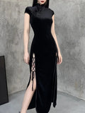 Dark Romantic Gothic Velvet Aesthetic Dresses Vintage Women Black Bandage SlitHem Bodycon Dress Sexy Evening Wear