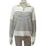 Fongt 2025 New Women's Simple Fashion Gentle Stripe Collar Half-Open Zipper Knitted Sweater Woman