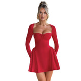 Fongt New Autumn Women's Sexy Solid Color Long Sleeves Bra Body A Word Swing Short Dress
