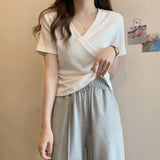 Fongt V-Neck Short-Sleeved T-Shirt Women 2024 Summer New Design Sense Slim Slim Short Students Slim Jacket