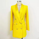 QUALITY Newest 2023 Designer Long Blazer Lion Buttons Double Breasted Satin Shawl Collar Blazer Dress Fluorescent