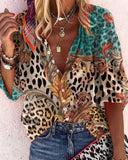 Print V-Neck 3/4 Sleeves Button Up Shirt